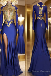 Trumpet/Mermaid High Neck Sweep Train Jersey Semi Formal Prom Dresses With Leg Slit